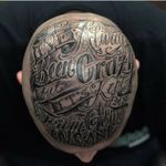 Scalp tattoo by Zombie Joe #ZombieJoe #letteringtattoos #script #oldenglish #traditional #banner #gothic #text #quote #font #linework #scalptattoo