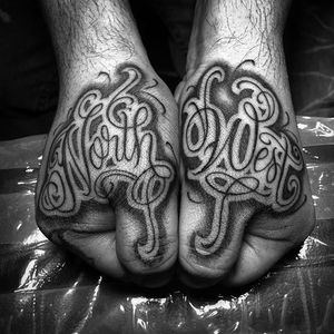 Black and Grey Lettering Tattoo by Sir Twice #lettering #script #handtattoos #SirTwice