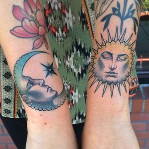 A charming pair of sun and moon tattoos from Chad Lenjer's body of work (IG—challenjer). #ChadLenjer #moon #neotraditional #sun
