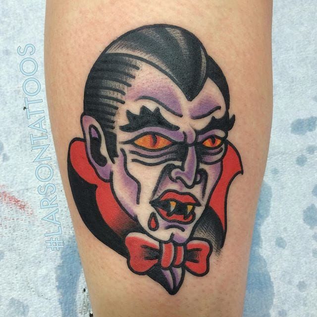 Dracula portrait tattoo located on the calf done in