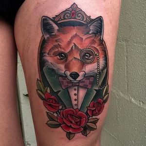 Gentleman fox tattoo by Hannah Flowers. #neotraditional #fox #gentleman #rose #flower #gentlemananimal #HannahFlowers