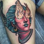 Lady with flaming eyes. Tattoo by Cree McCahill. #neotraditional #lady #neotradlady #flames #CreeMcCahill