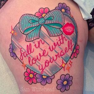 Fall in love with yourself Heart and blossoms Tattoo by Sam Whitehead @Samwhiteheadtattoos #Samwhiteheadtattoos #Colorful #Girly #Girlytattoo #Neotraditional #Blindeyetattoocompany #Leeds #UK #love #heart #flowers #blossoms