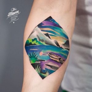 Calming colors in this mountain and lake Watercolor Tattoo by Martyna Popiel @Martyna_Popiel #MartynaPopiel #Watercolor #Watercolortattoo #scenetattoo #scenery