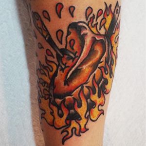A flambeed T-bone by Andy Chiu (IG—andychiutattooer). #AndyChui #steak #traditional
