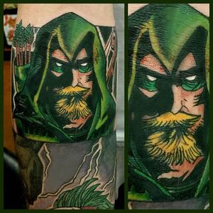 Green Arrow Tattoo by Steve Rieck #GreenArrow #ComicBookTattoo #ComicBook #Comics #Superhero #SteveRieck