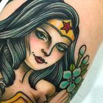 Awesome looking Wonder Woman tattoo done by Renae Haak. #renaehaak #wonderwoman #girltattoo #coloredtattoo #neotraditional
