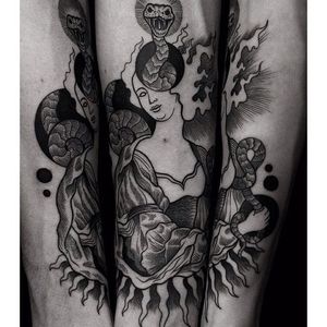 Blackwork portrait tattoo by Roma Broslavskiy. #RomaBroslavskiy #blackwork #illustrative #woodcut #surrealism