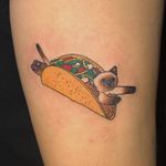 Taco cat tattoo by Mick Hee #MickHee #foodtattoos #color #illustrative #newschool #cat #kitty #petportrait #taco #food #Mexicanfood #cute