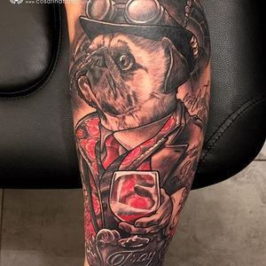 Dog Tattoo by Carlos Fabra #dog #pug #wine #neotraditional #neotraditionalartist #redandblack #twocolor #CarlosFabra