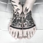 Building Tattoo by Russell Winter #blackwork #blackworktattoo #blackworktattoos #blackworkartists #blacktattooing #blackink #darktattoos #darkink #RussellWinter #buildings #building