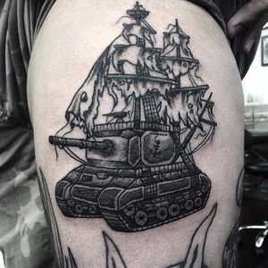 Surrealistic tank tattoo by Joseph Harper #tank #tanktattoo #JosephHarper #blackwork #pirate #surrealistic #ship