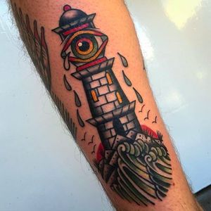 The eye on a lighthouse, cool looking tattoo by Ben Hastings. #benhastings #traditionaltattoo #eye
