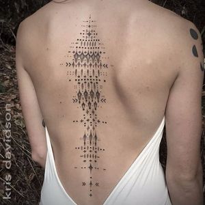 Exquisite backpiece by Kris Davidson #KrisDavidson #dotwork #sacred #spine