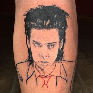 Nick Cave tattoo by Dane Nicklas #DaneNicklas #musictattoos #color #linework #fineline #dotwork #portrait #NickCave #rockandroll #music #singer #tie #suit #illustrative #tattoooftheday