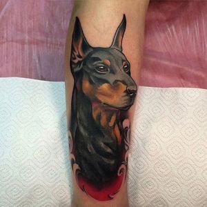 Neo traditional doberman cover up tattoo by Andrew Strychnine. #coverup #neotraditional #dog #doberman #AndrewStrychnine