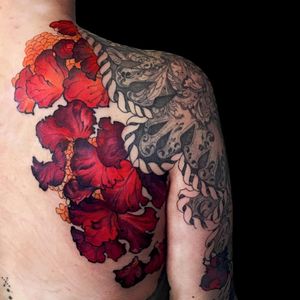 Beautiful decoration tattoo by Laura Ae Taylor #LauraAeTaylor #cooltattoos #color #blackandgrey #decorative #flowers #floral #filigree #pattern #stonework #pattern #swirl #organic #tattoooftheday