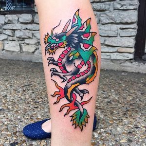 Traditional tattoo flash dragon by Randy Conner. #traditional #RandyConner #tattooflash #flashtattoo #dragon
