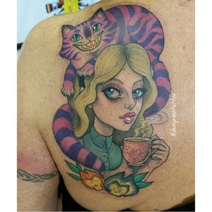 Alice pin-up tattoo by Dani Green #DaniGreen #newschool #pinupgirl #aliceinwonderland #cat