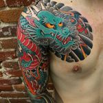 Impressive Japanese dragon tattoo by Horisuzu in the works. #Horisuzu #Taku #UnbreakableTattoo #JapaneseTattoo #inprogress #dragon #hebi #japanese