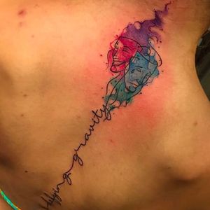 Watercolour tattoo by Rodolfo 'Cabelo', Tattoo You #RodolfoCabelo #theatremasks #drama #theatre #masks #dramamasks (Photo: Instagram)