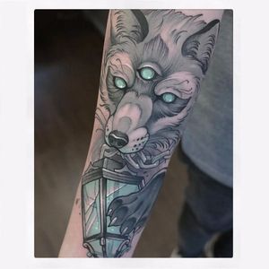Wolf tattoo by Gianpiero Cavaliere #GianpieroCavaliere #newschool #turquoise #wolf #lantern