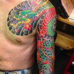 Dragon chest to sleeve tattoo done by Amar Goucem. #AmarGoucem #dragontattooNL #JapaneseStyle #horimono #ryu #dragon