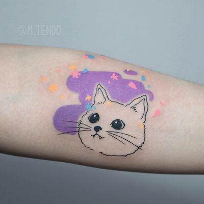 Sweet kitty tattoo by M Tendo #MTendo #animaltattoos #color #watercolor #linework #illustrative #cat #kitty #cute #petportrait #stars #hearts