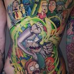 Rick and Morty back piece tattoo by Troy Slack #TroySlack #rickandmortytattoos #rickandmorty #adultswim #cartoon #scifi #newtraditional #ricksanchez #timetravel #picklerick #jerry #littlerick #mortysmith