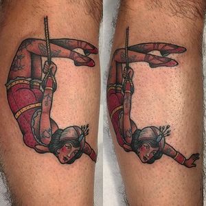 Trapeze artist tattoo by Bela Hilário. #trapeze #trapezeartist #circuslady #circus #act #circusperformer #freak #tattooedlady