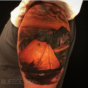 A camper's tent in front of a vast mountain range in this landscape by Jesse Rix (IG—jesse_rix). #color #JesseRix #landscape #mountains #realism #tent