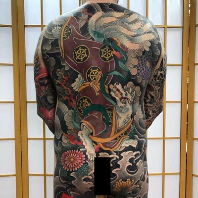 Kitsune bodysuit by Buslay #Buslay #Japanese #bodysuit #Kitsune #chrysanthemum #clouds #flowers #fire #kimono #fox #deity #demon #scroll #tattoooftheday