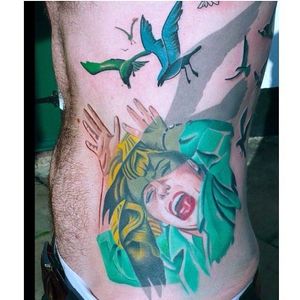 Alfred Hitchcock tattoo, coloured birds attack by @tattoosbyharry #filmdirectorstattoo #Hitchcocktattoos