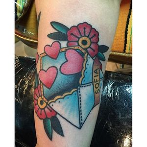 Traditional American style envelope tattoo by Sharky Tattoo. #envelope #traditionalamerican #mom #momtattoo #momtattooidea #tattooideaformoms