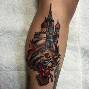 A nice twist on traditional tiger tattoo #JoshDavis #traditional #tiger #castle #tigerltattoo #traditionalportrait