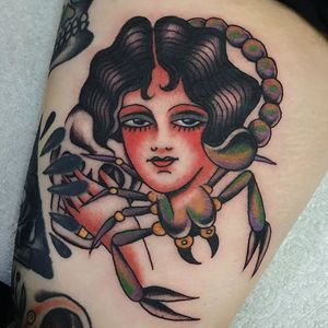 American Traditional spider portrait tattoo by Cécile Pagès. #CecilePages #americantraditional #woman #portrait #spider