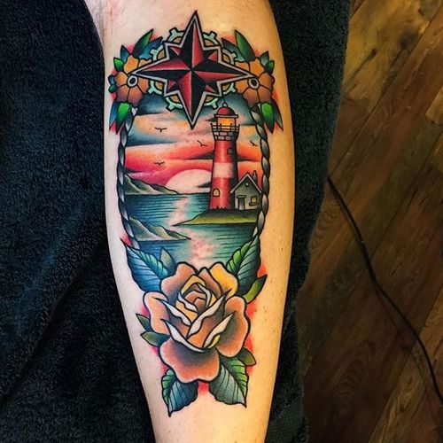 Lighthouse Tattoo by Rich Warburton #lighthouse #lighthousetattoo #traditional #traditionaltattoo #oldschool #oldschooltattoo #boldtraditional #brighttattoos #RichWarburton