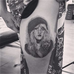 Stevie Nicks portrait tattoo by Rocky Burley. #realism #portrait #blackandgrey #StevieNicks #RockyBurley