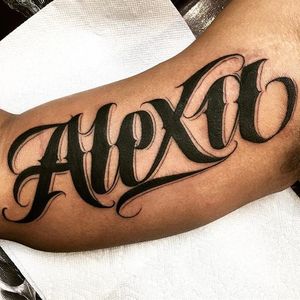 Alexa Tattoo by Saul Lira #script #scripttattoo #lettering #letteringtattoo #letteringtattoos #customlettering #scriptartist #LAtattoos #SaulLira