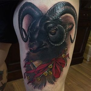 Black Jacob sheep with bells on. Tattoo by Jasmin Austin. #neotraditional #sheep #blacksheep #bells #Jacobsheep #JasminAustin