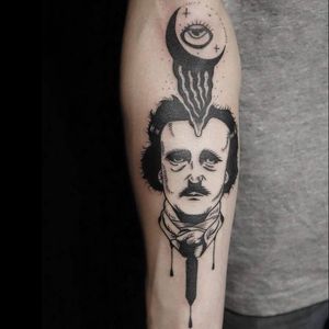 Edgar Allan Poe tattoo by Kim Tran #KimTran #illustrative #graphic #blackwork #portrait #surrealistic #edgarallanpoe