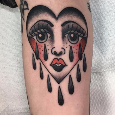 Cry baby by Rob Banks #RobBanks #traditional #color #blackandgrey #heart #tears #face #heartbreak #love #valentine #tattoooftheday