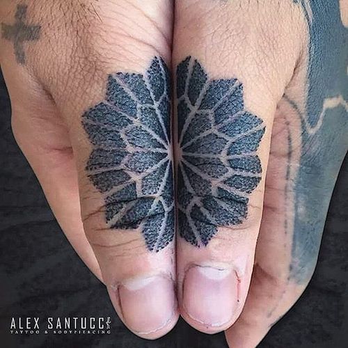 Dotwork Tattoo by Alex Santucci #dotwork #colordotwork #mandala #fingertattoo #minimalistic #contemporary #dotworkartist #italianartist #AlexSantucci