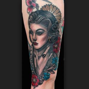 Neo-traditional style Scarlett O Hara portrait tattoo by Katelyn Crane #Neotraditional #ScarlettOHara #portrait #KatelynCrance