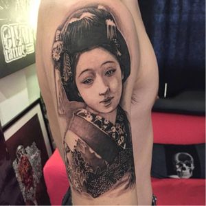 Geisha tattoo by Elvin Yong #ElvinYong #asian #contemporary #realistic #blackandgrey #geisha #portrait