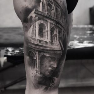 Old world tattoo by Cold Gray #ColdGray #blackandgrey #realism #realistic #hyperrealism #sculpture #architecture #statue #stonework #portrait #building #script