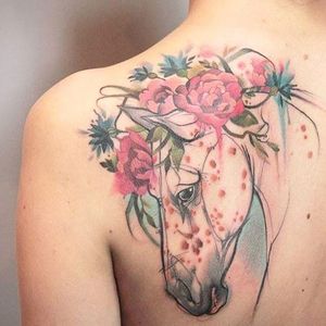 Pastel perfection. Horse and flowers tattoo by Aga Yadou. #sketchy #illustrative #pastel #flowers #horse #AgaYadou