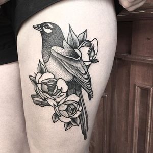 Blackwork magpie tattoo by Klaudia Holda. #blackwork #dotwork #KlaudiaHolda #linework #bird #magpie
