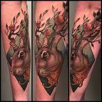 Jackalope tattoo by Cory Bernhardt. #jackalope #fable #imaginary #animal #antler #rabbit #neotraditonal #CoryBernhardt