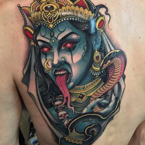 Goddess Kali portrait tattoo by Javier Franko #JavierFranko #portraittattoo #color #neotraditional #portrait #GoddessKali #Kali #deity #goddess #cobra #skulls #jewelry #pearls #gold